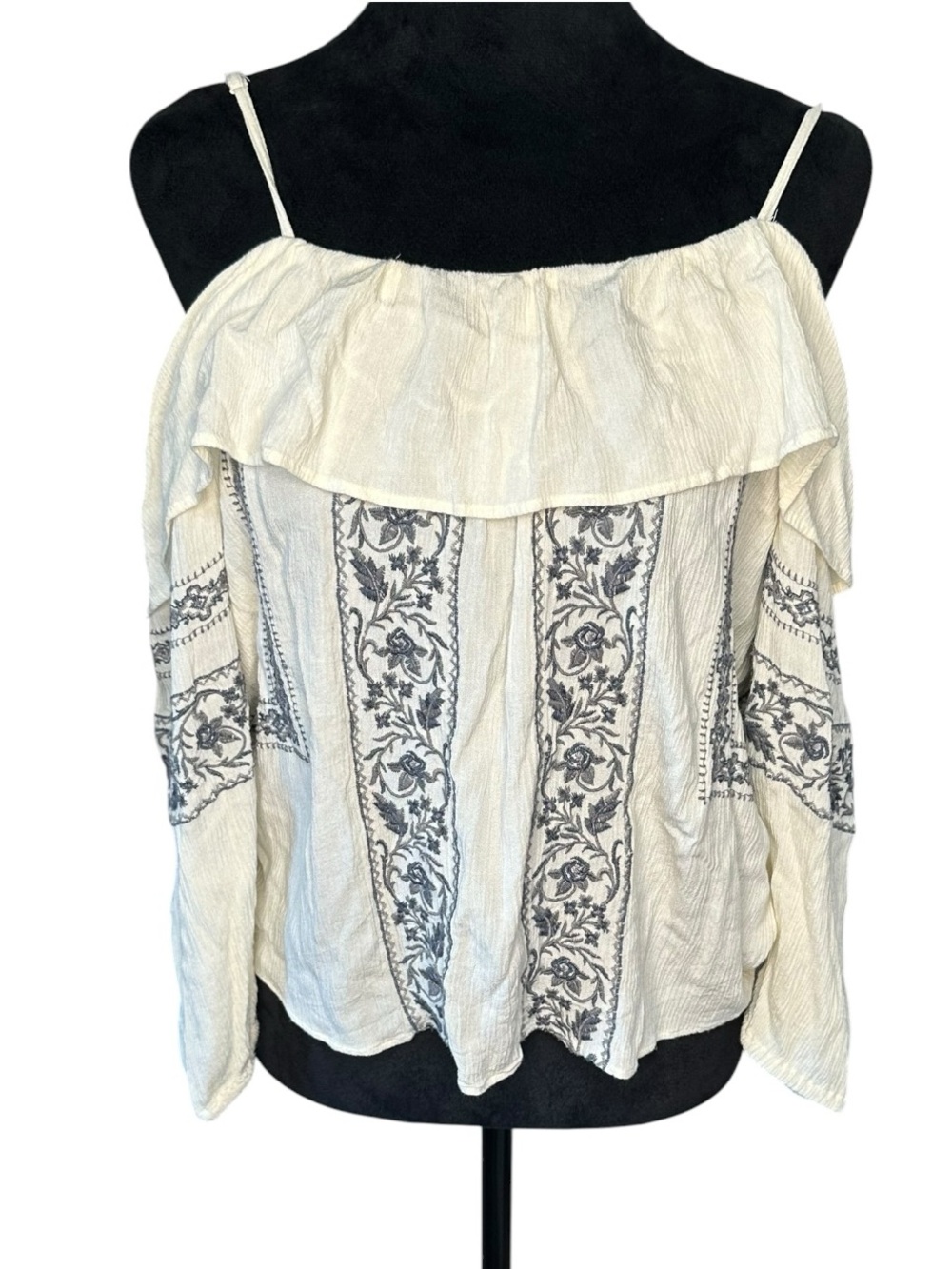 American Eagle Embroidered Cold Shoulder Boho Top Women’s Small Ivory Floral
